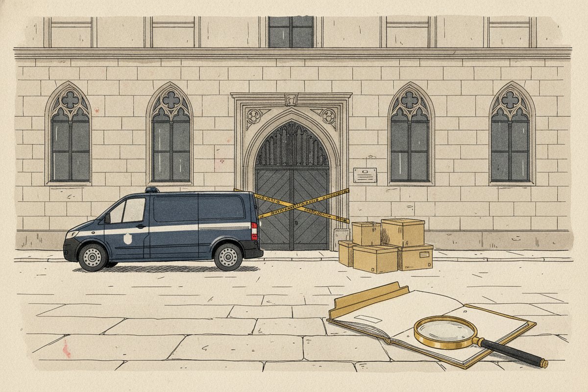 Ilustrace: Budova Akademie věd s policejní páskou v Praze (AI, stylizovaná)