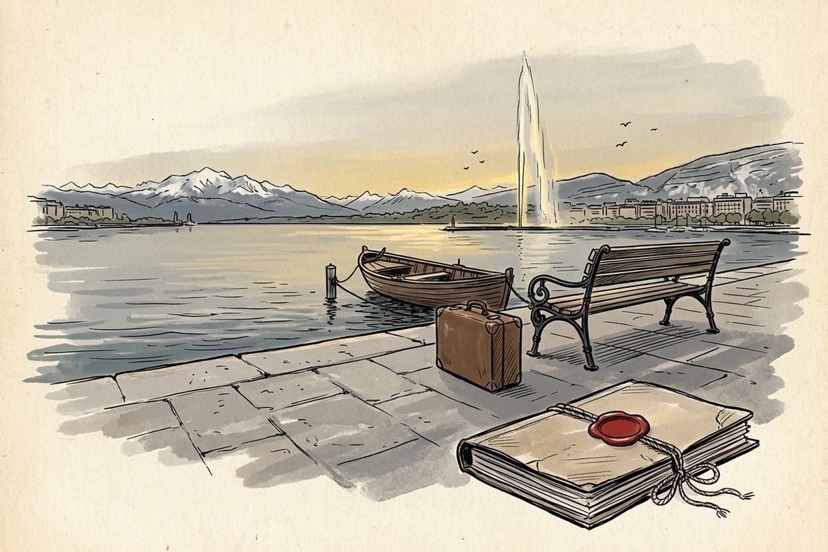 Ilustrace: ženevská promenáda s prázdnou lavičkou a kufrem (AI, stylizovaná)