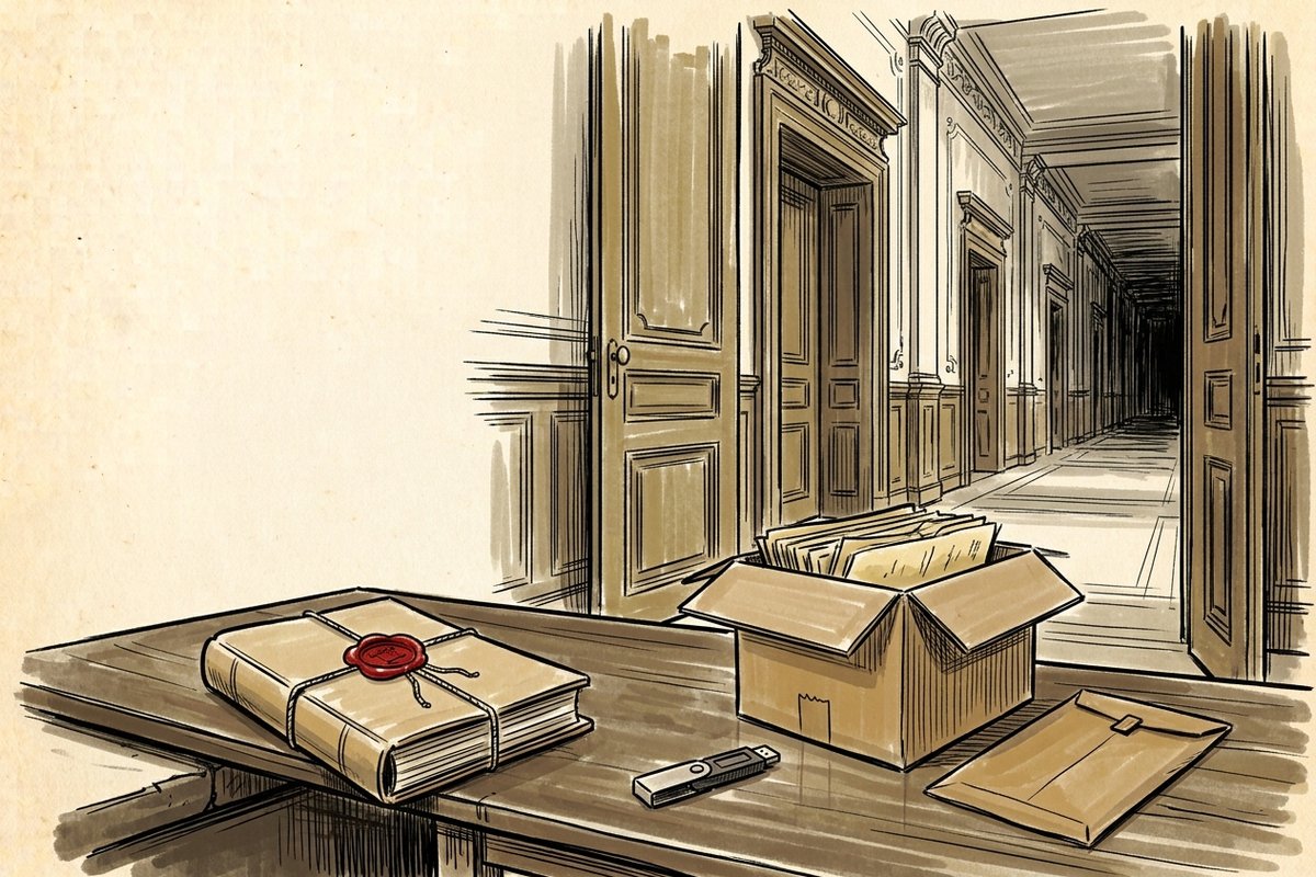 Ilustrace: stůl ministerstva, hardwarová peněženka a zapečetěný spis (AI, stylizovaná)