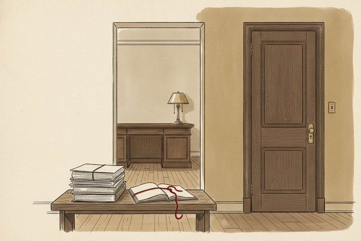 Ilustrace: Prázdná soudní chodba a spisy na lavici (AI, stylizovaná)