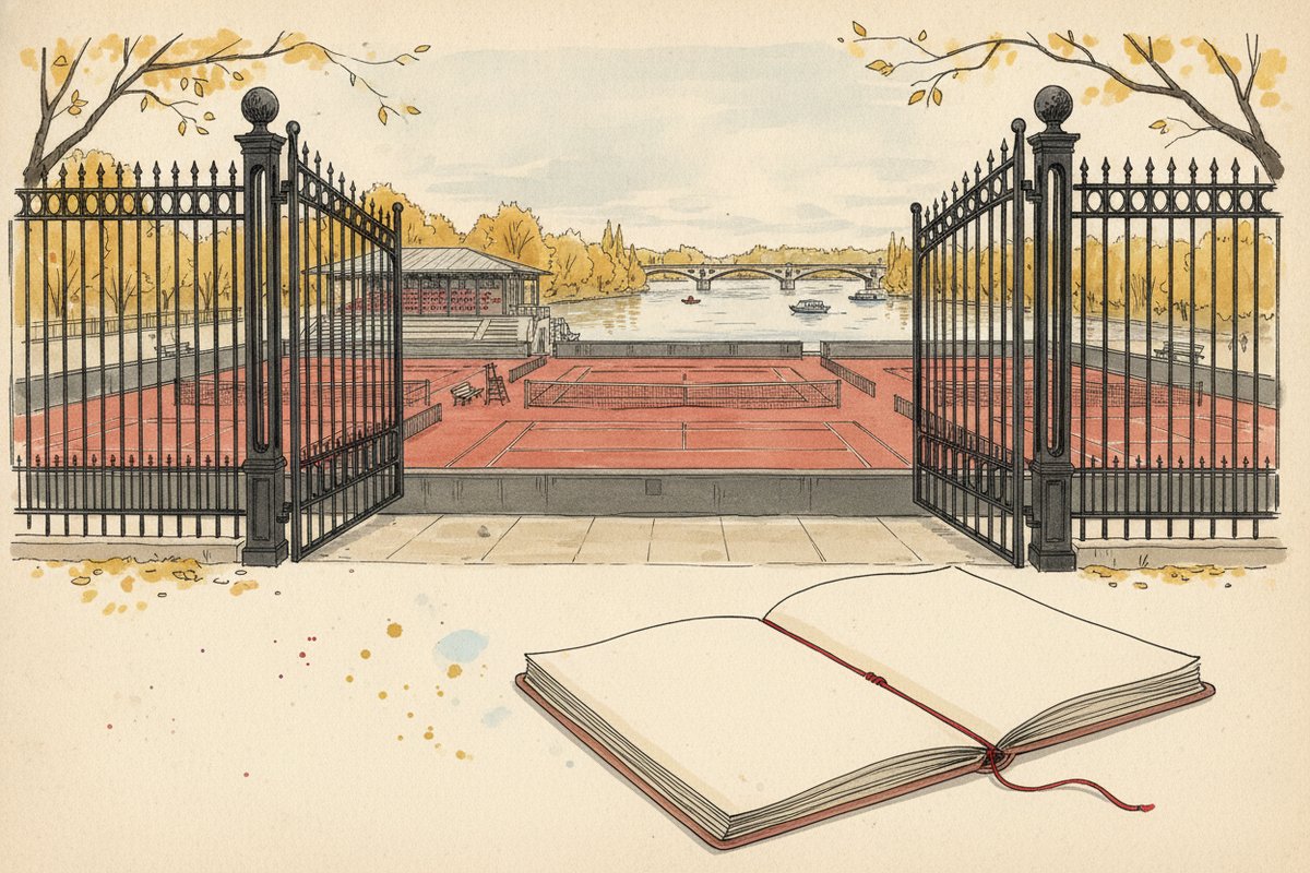 Ilustrace: Tenisový areál na Štvanici v Praze (AI, stylizovaná)