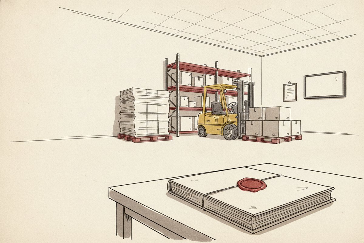 Ilustrace: sklad s elektronikou u hranic a celními doklady (AI, stylizovaná)