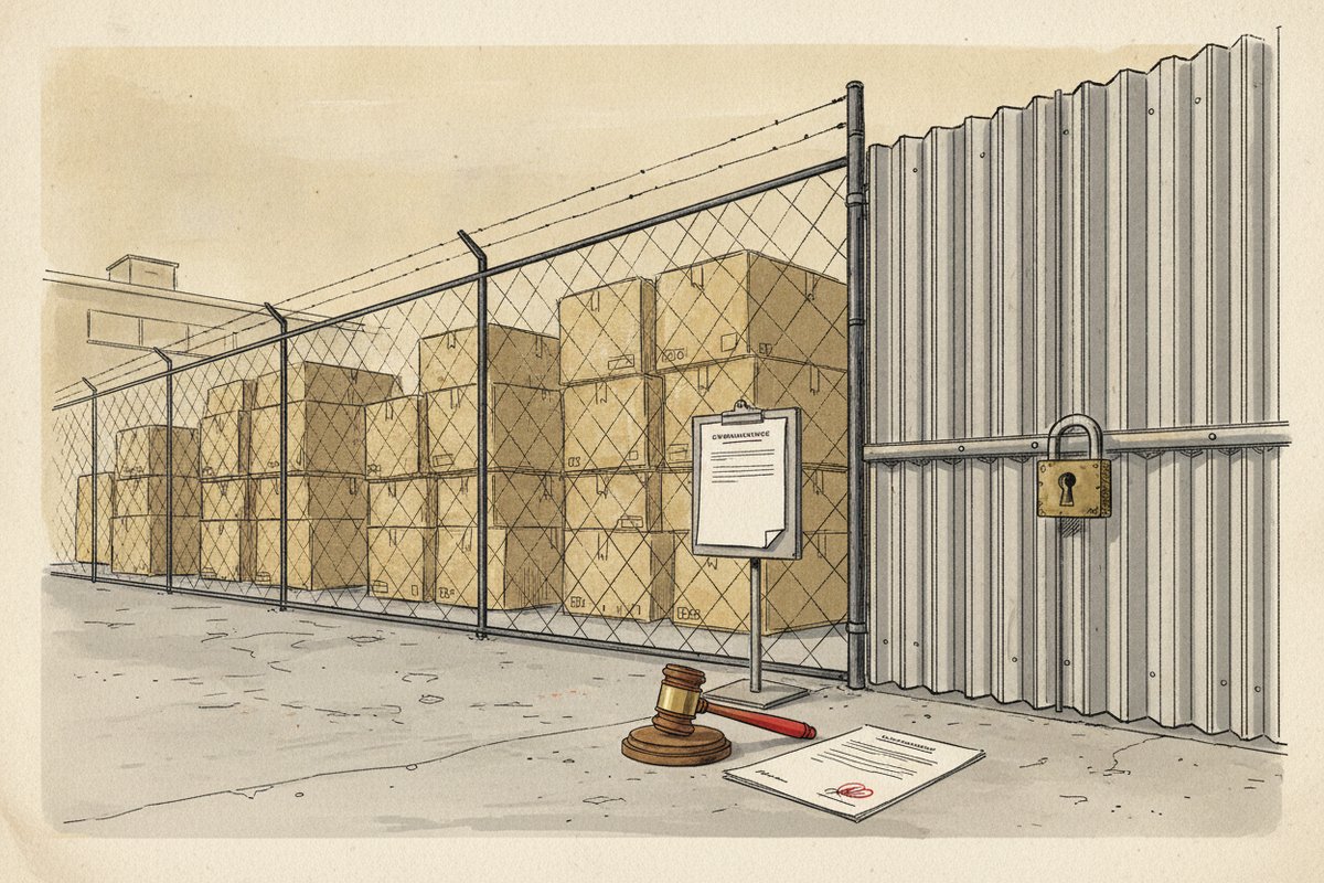 Ilustrace: Zapečetěný sklad se zajištěným zbožím (AI, stylizovaná)
