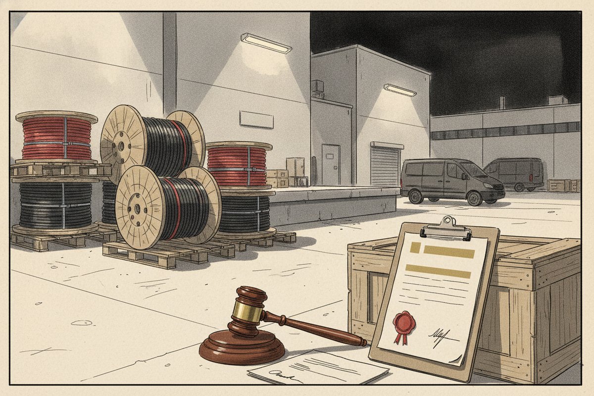 Ilustrace: sklad s cívkami kabelů a úředním rozhodnutím (AI, stylizovaná)
