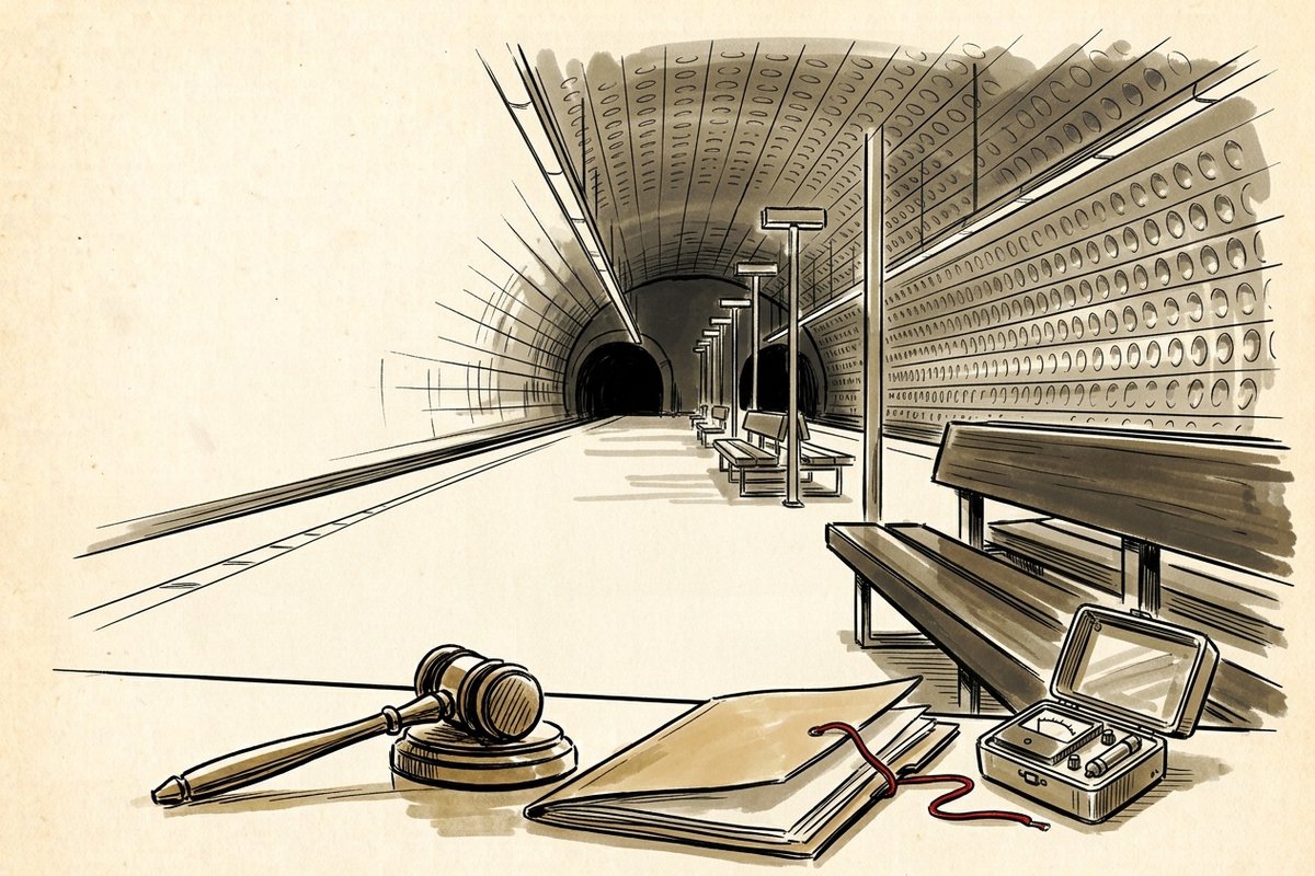 Ilustrace: prázdné nástupiště metra, dozimetr a spis na lavičce (AI, stylizovaná)