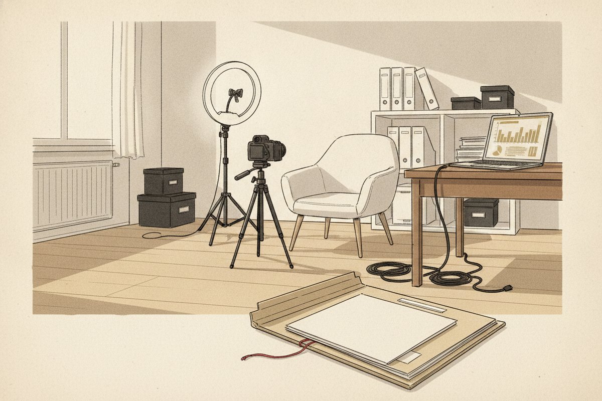Ilustrace: Bytový 'ateliér' s kruhovým světlem a kamerou (AI, stylizovaná)