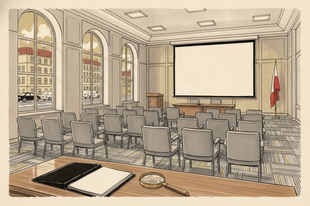 Ilustrace: Prázdný konferenční sál bez symbolů (AI, stylizovaná)