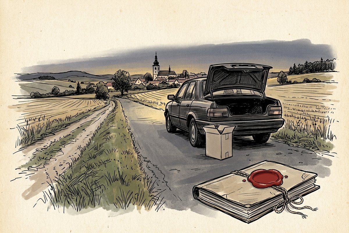 Ilustrace: silnice u Rudné, auto s otevřeným kufrem a krabice od vína (AI, stylizovaná)