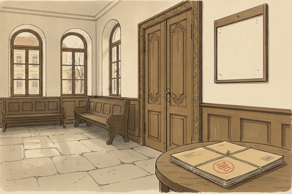 Ilustrace: chodba okresního soudu, dveře jednací síně (AI, stylizovaná)