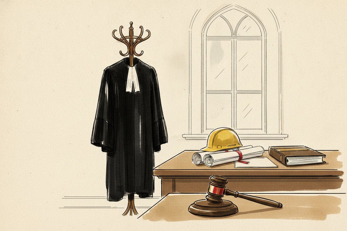Ilustrace: prázdná soudcovská kancelář, talár, přilba a výkresy (AI, stylizovaná)