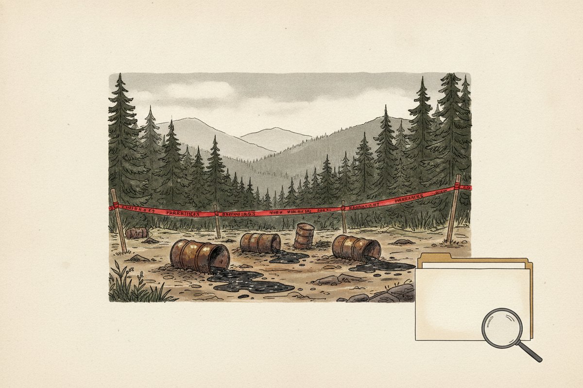 Ilustrace: Rezavé sudy s chemikáliemi v šumavském lese (AI, stylizovaná)