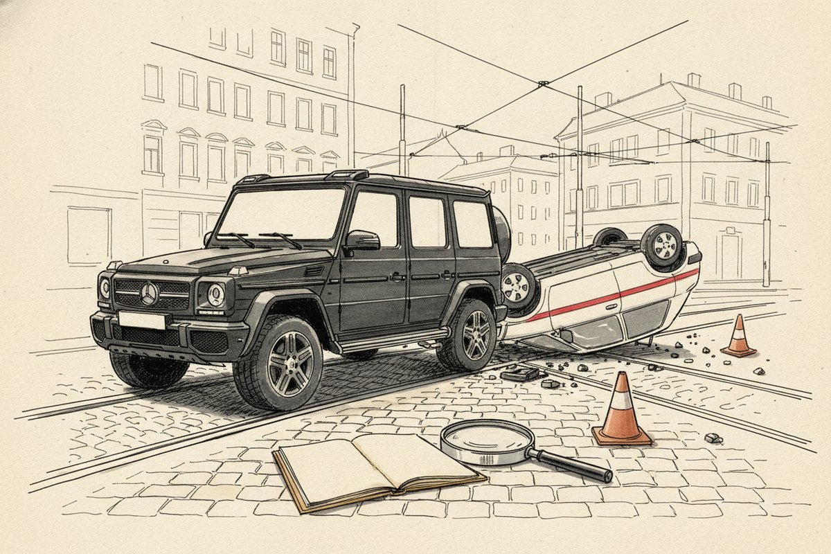 Ilustrace: Mercedes G a převrácená sanitní Fabia na kolejích (AI, stylizovaná)