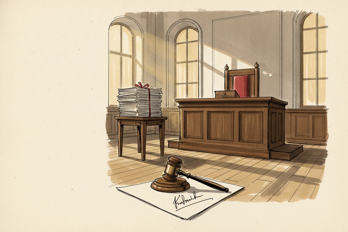 Ilustrace: Prázdná soudní síň, spis na stole, odpolední světlo (AI, stylizovaná)