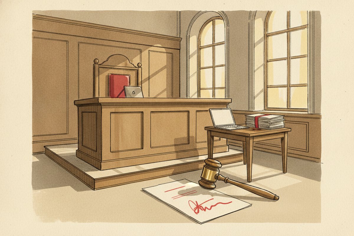 Ilustrace: Prázdná soudní síň, notebook a spis na stole (AI, stylizovaná)