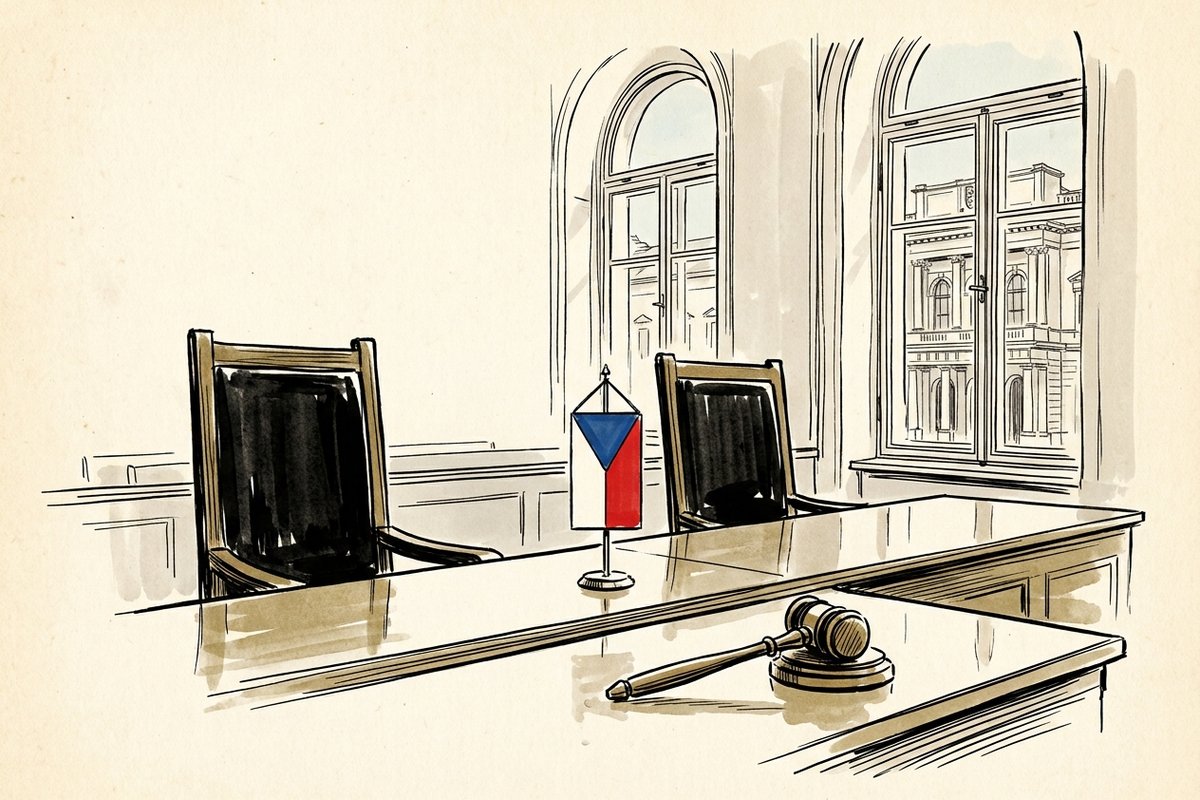 Ilustrace: jednací stůl s prázdnými židlemi, vlajkou a kladívkem (AI, stylizovaná)