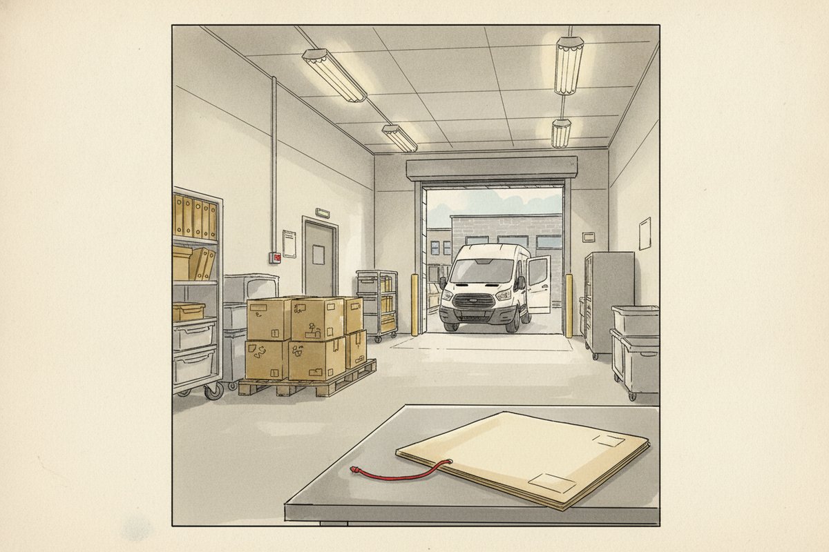 Ilustrace: Nemocniční sklad a příjem zdravotnického materiálu (AI, stylizovaná)