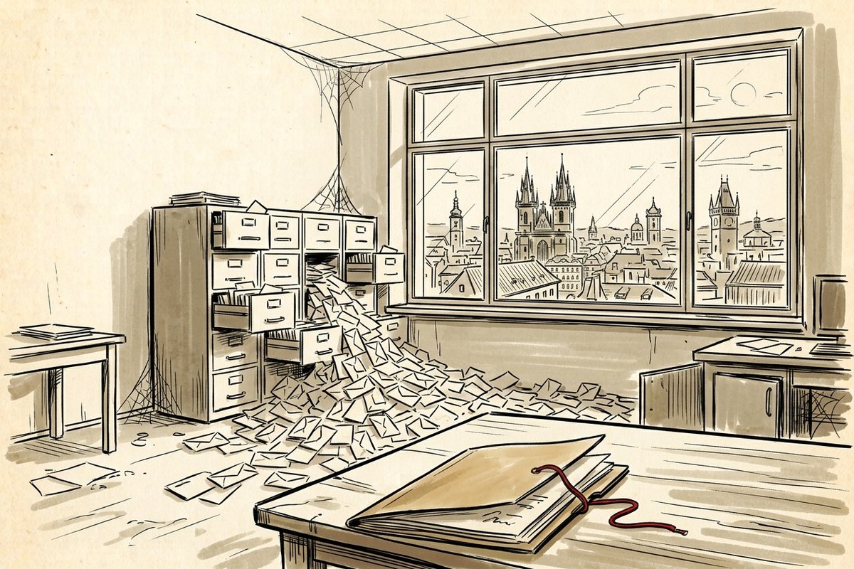 Ilustrace: opuštěná kancelář fondu, kartotéka a stovky obálek (AI, stylizovaná)