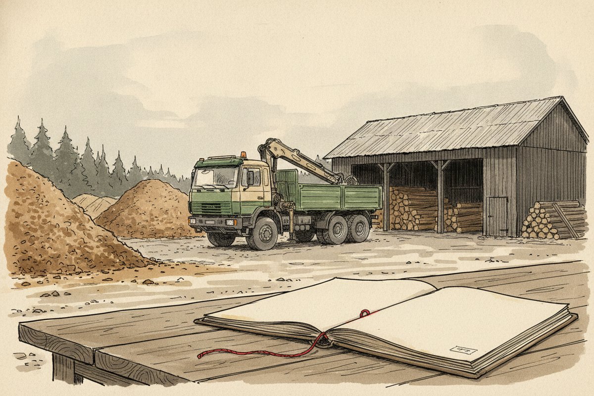 Ilustrace: Sklad štěpky v lesním areálu Lesů ČR (AI, stylizovaná)