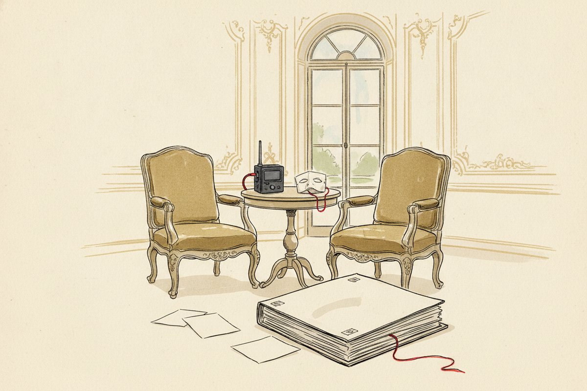 Ilustrace: salon Černínského paláce, diktafon a papírová maska (AI, stylizovaná)