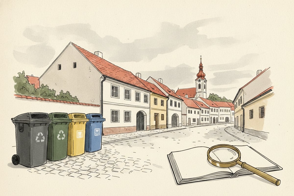 Ilustrace: Kontejnery na odpad v malém městečku (AI, stylizovaná)
