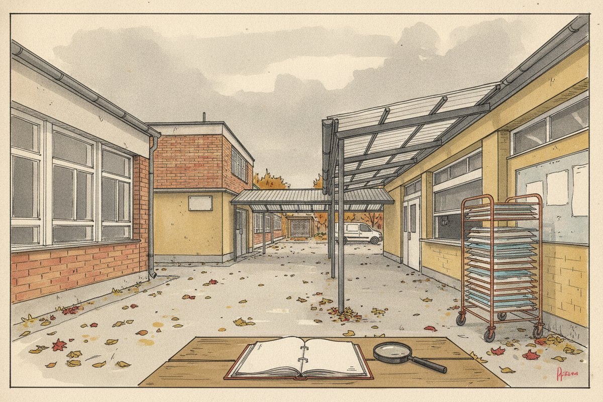 Ilustrace: Školní jídelna a budova základní školy (AI, stylizovaná)