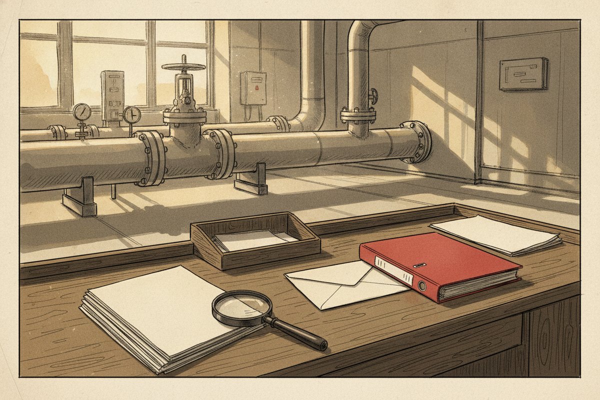 Ilustrace: kompresorová stanice plynovodu, desky a obálka oznámení (AI, stylizovaná)
