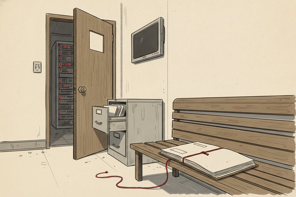 Ilustrace: policejní serverovna s otevřenou skříní v noci (AI, stylizovaná)