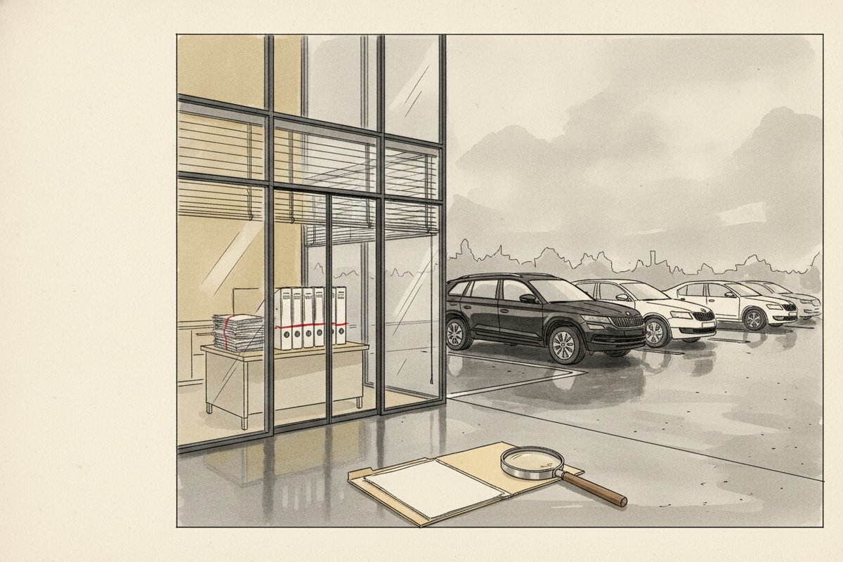 Ilustrace: Budova pojišťovny, šanony auditu na stole (AI, stylizovaná)