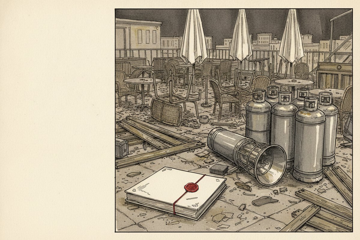 Ilustrace: terasa restaurace se spadlým topidlem a plynovými lahvemi (AI, stylizovaná)