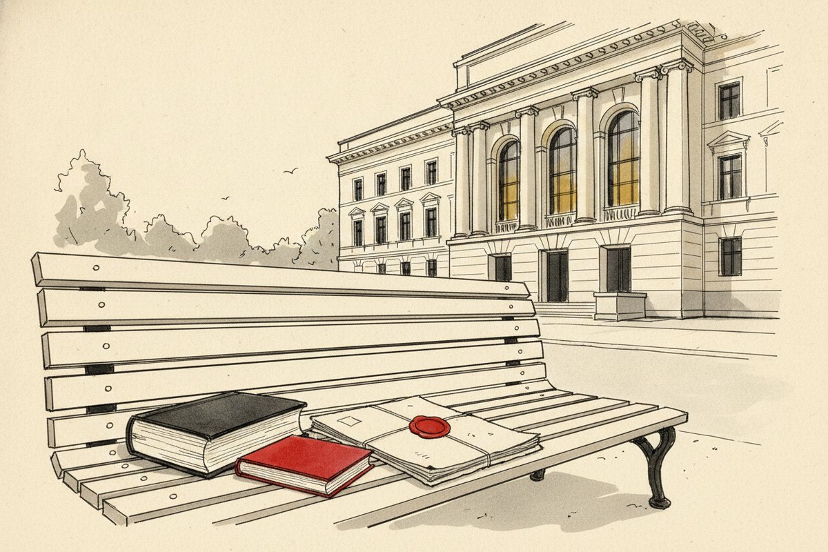 Ilustrace: Ústavní soud v Brně, kniha zákona a rozpočtová kniha (AI, stylizovaná)