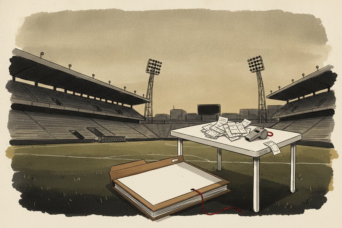 Ilustrace: prázdný stadion, píšťalka a sázkové tikety na stole (AI, stylizovaná)