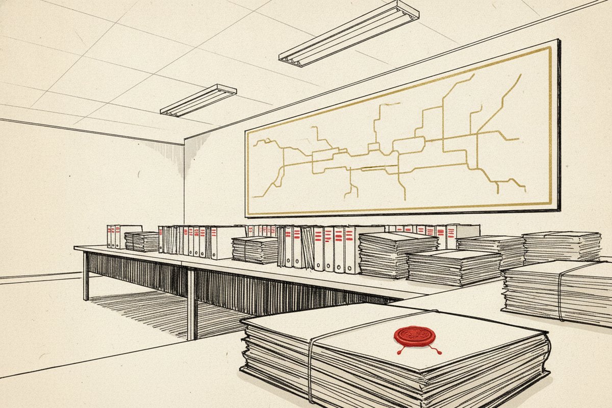 Ilustrace: Kancelář kraje s mapou silnic a svázanými spisy zakázek (AI, stylizovaná)