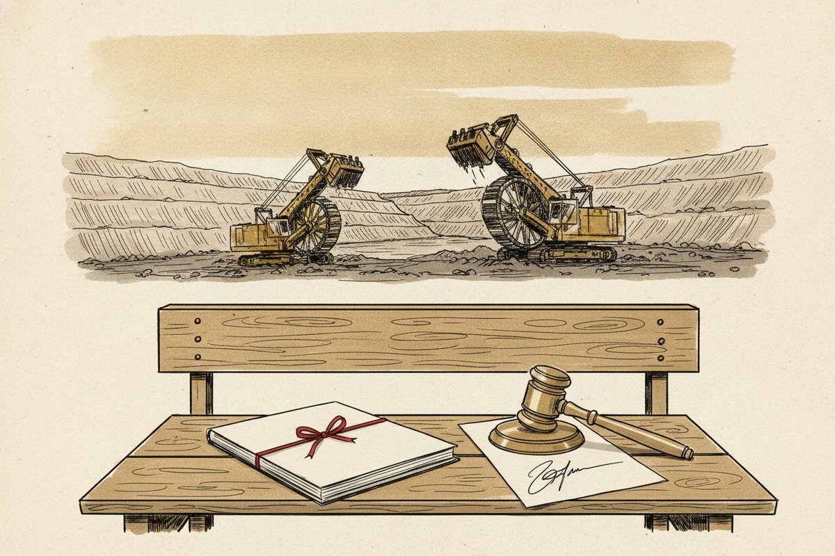 Ilustrace: povrchový důl s rypadly, lavice u soudu a spis (AI, stylizovaná)