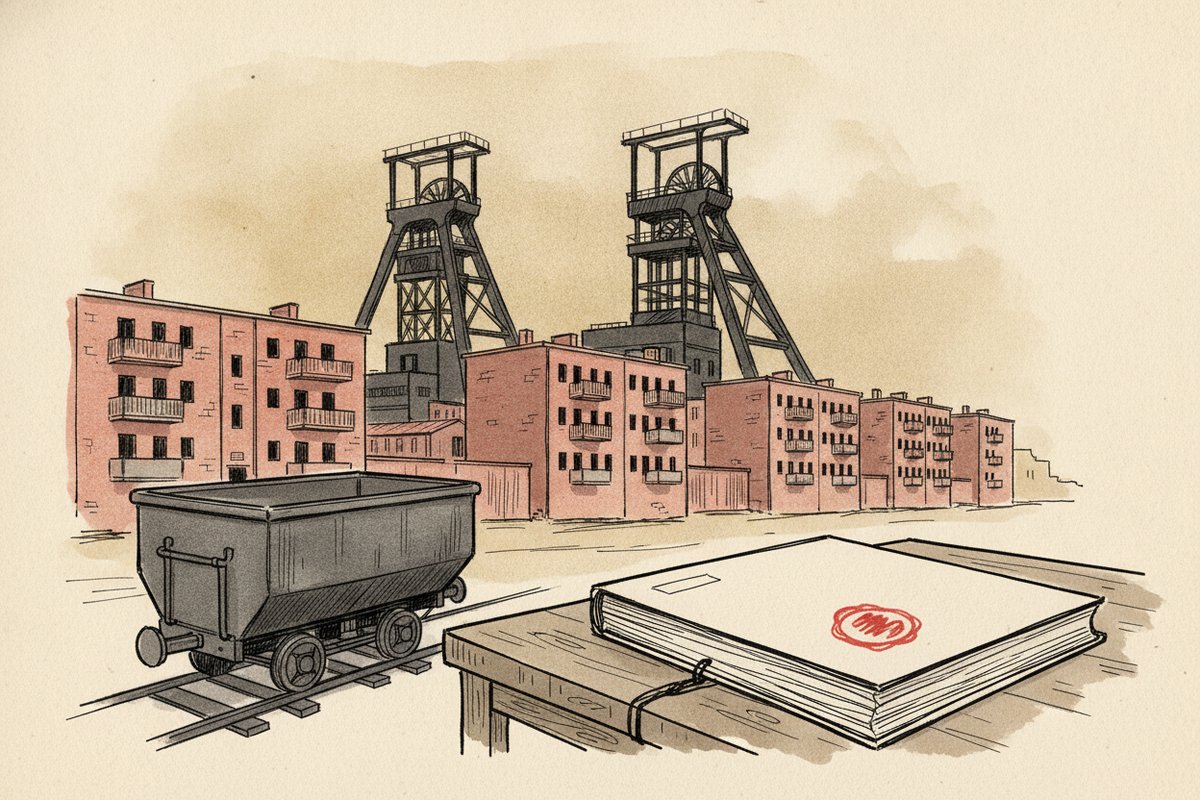 Ilustrace: Těžní věže Dolu ČSM a hornické bytovky (AI, stylizovaná)