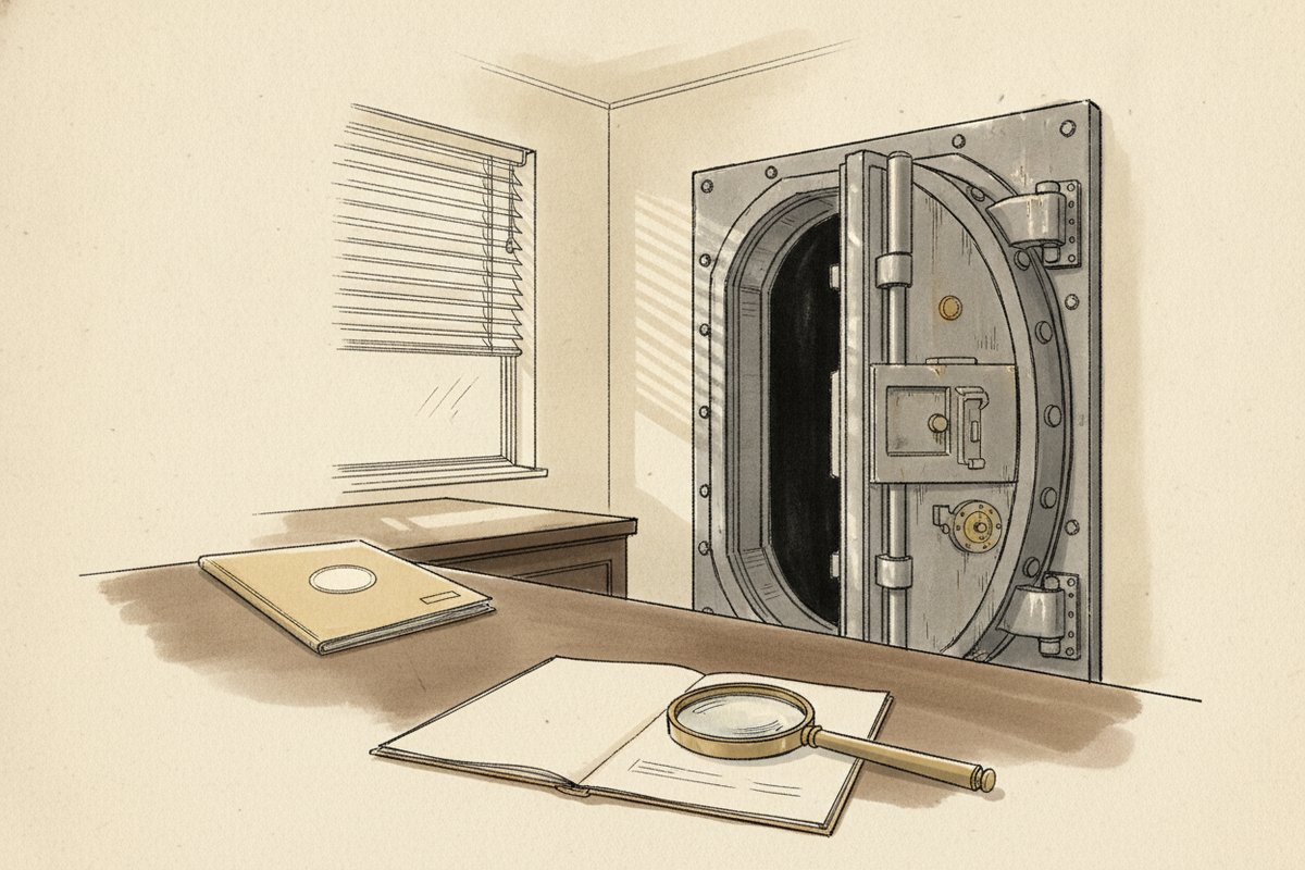 Ilustrace: trezor v úřadu, spis prověrky (AI, stylizovaná)