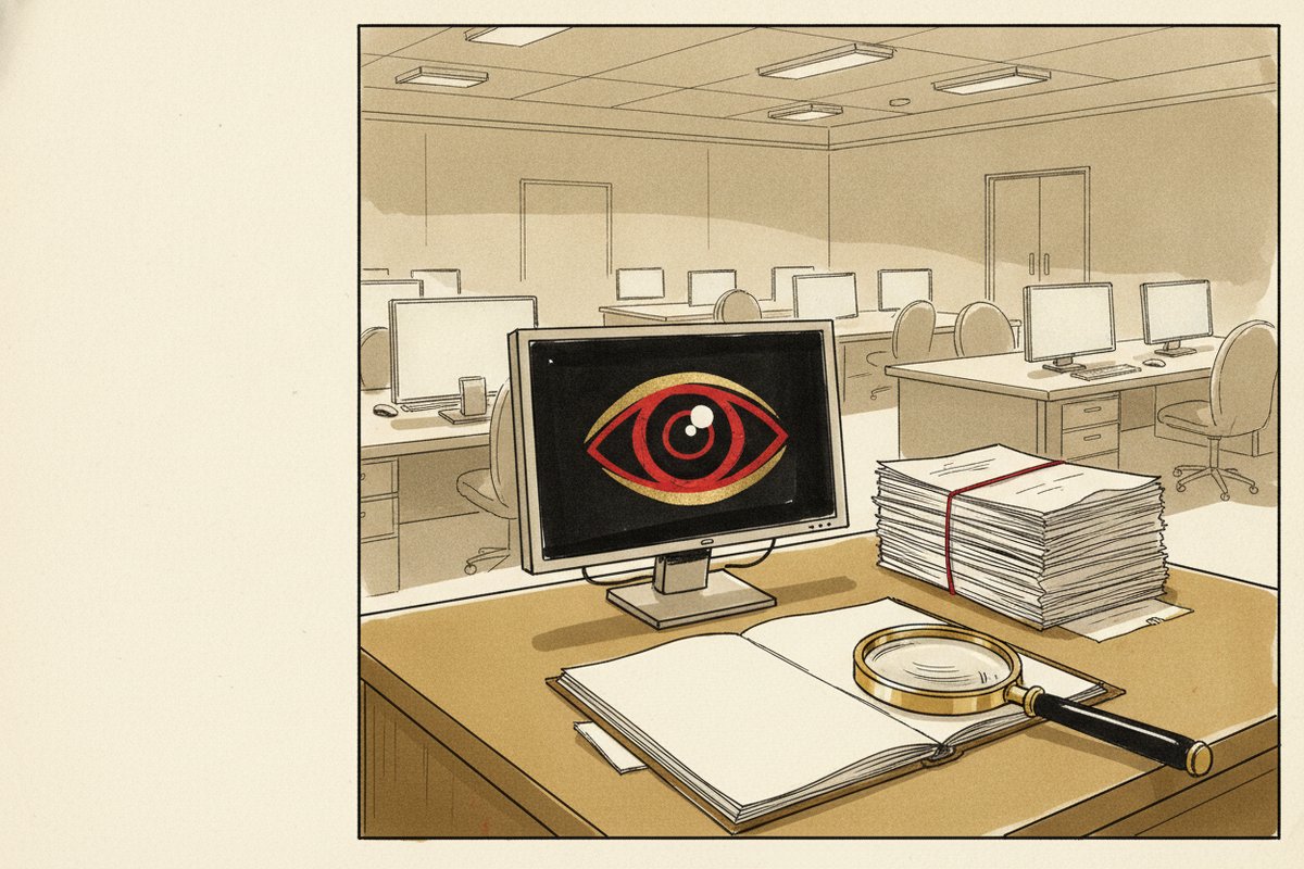 Ilustrace: prázdná kancelář ministerstva, rozsvícené monitory (AI, stylizovaná)