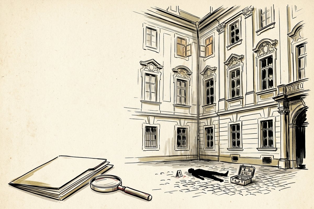Ilustrace: dvůr Černínského paláce, otevřené okno a silueta na dlažbě (AI, stylizovaná)