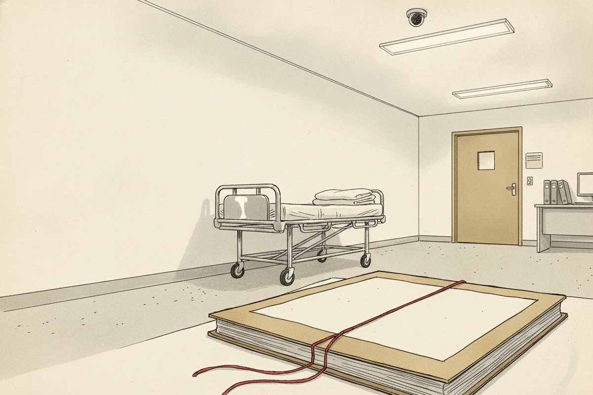 Ilustrace: Chodba domova pro seniory, kamera na chodbě (AI, stylizovaná)