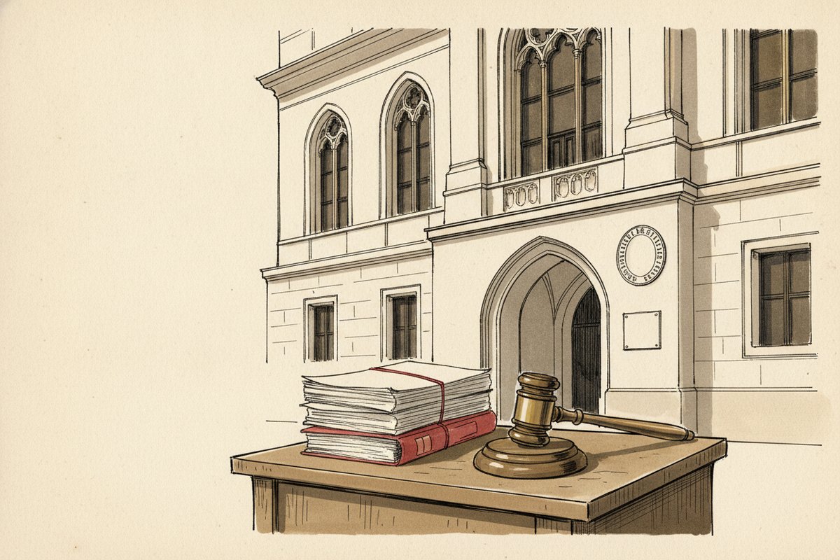 Ilustrace: Budova teologické fakulty a úřední spisy (AI, stylizovaná)