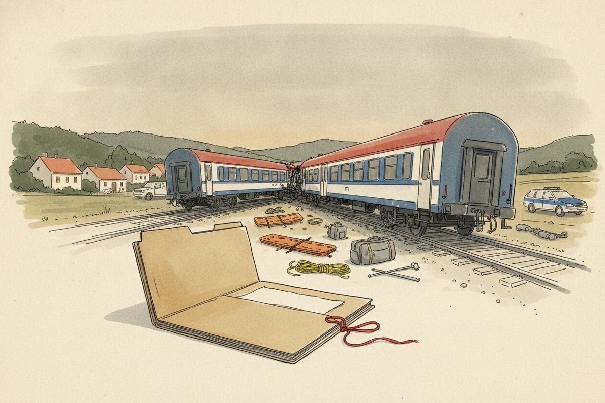 Ilustrace: kolejiště u Zlivi, srazené vagóny vlaků (AI, stylizovaná)