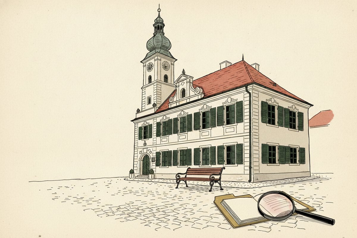 Ilustrace: Radnice v Nymburku na prázdném náměstí (AI, stylizovaná)