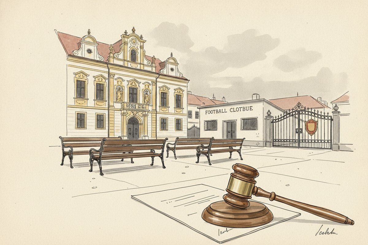 Ilustrace: Radnice a sportovní klub v Polné (AI, stylizovaná)