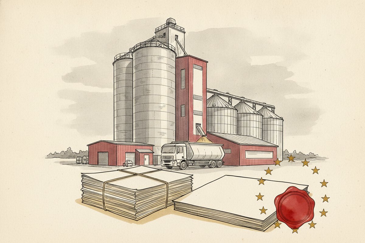 Ilustrace: Sila agroholdingu a hromada dotačních spisů (AI, stylizovaná)