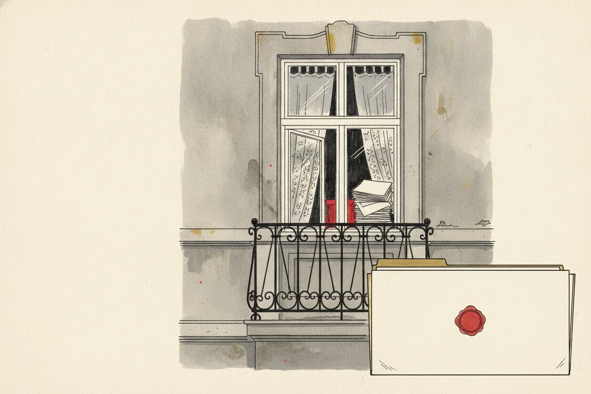Ilustrace: Bytový dům na Žižkově, na okně dokumenty o nájmu (AI, stylizovaná)