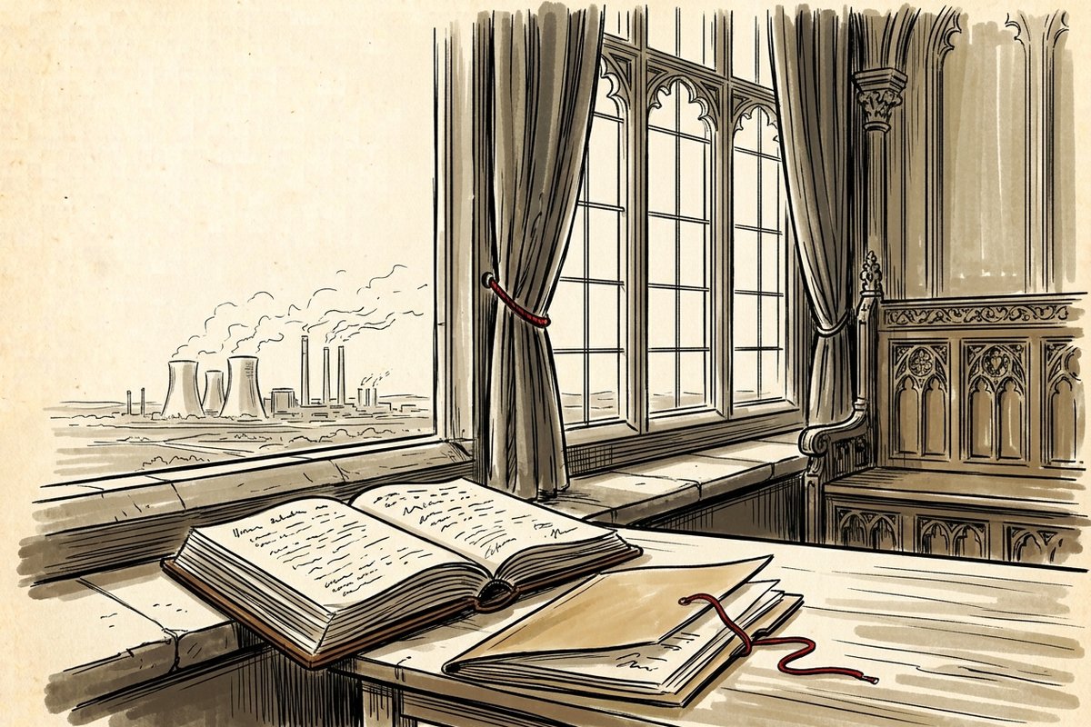 Ilustrace: okno sněmovny s výhledem na chladicí věže, otevřená kniha a spis (AI, stylizovaná)
