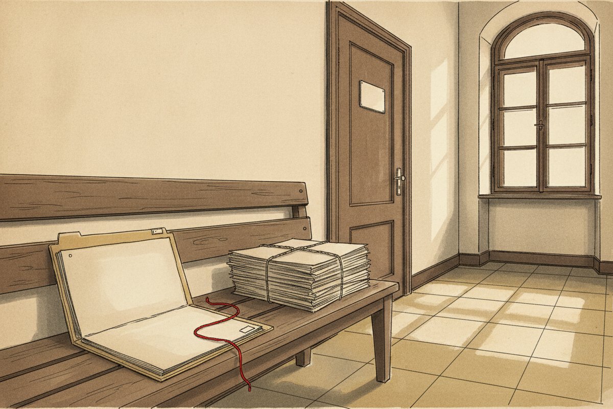 Ilustrace: Chodba okresního soudu se spisem na lavici (AI, stylizovaná)