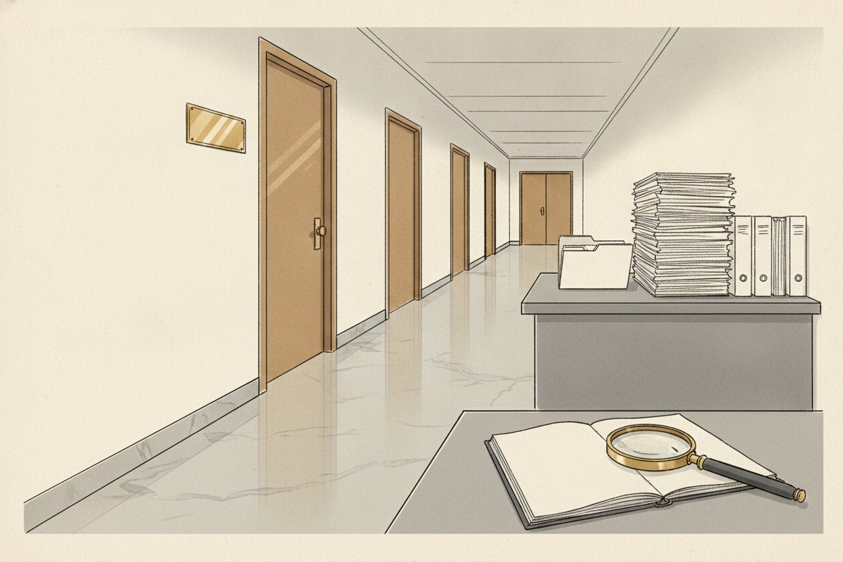 Ilustrace: Prázdná chodba ministerstva se stohem spisů (AI, stylizovaná)