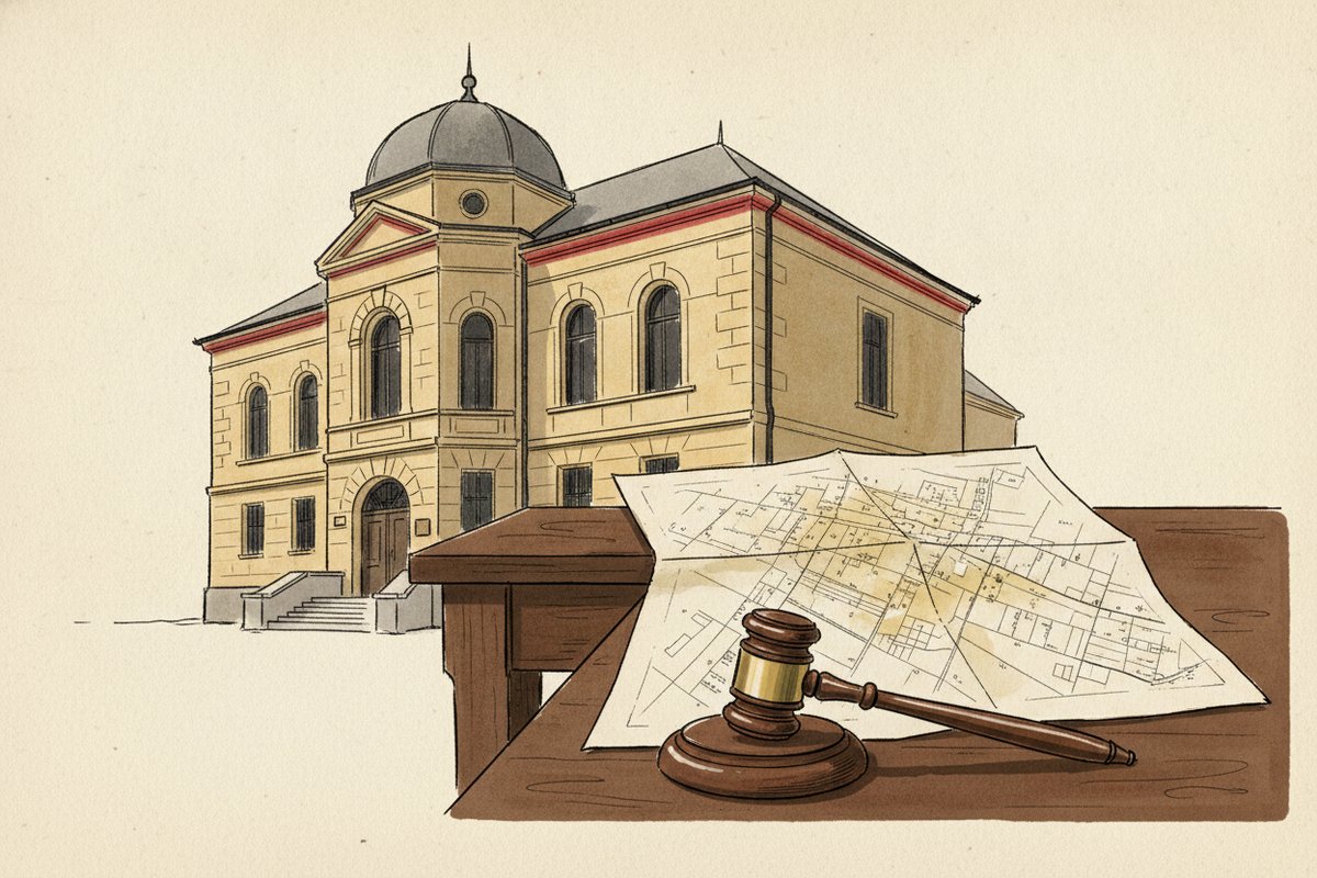 Ilustrace: fasáda okresního soudu, stará pozemková mapa (AI, stylizovaná)