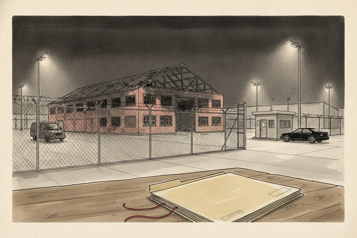 Ilustrace: Areál zbrojovky s vyhořelou, zčernalou halou (AI, stylizovaná)